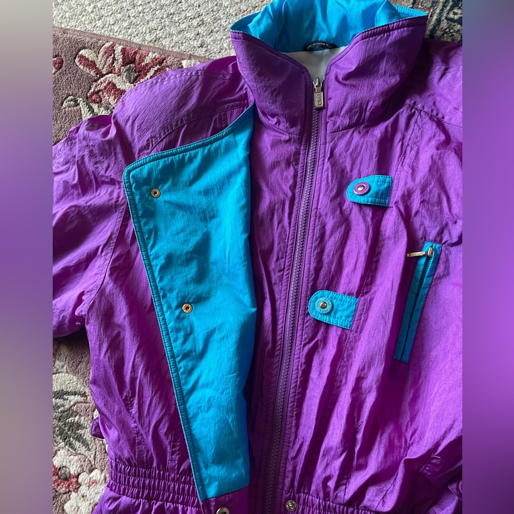 Vintage 80s One Piece Ski Snowboarding Suit Purple Turquoise Size 16 by Fera - Picture 9 of 17